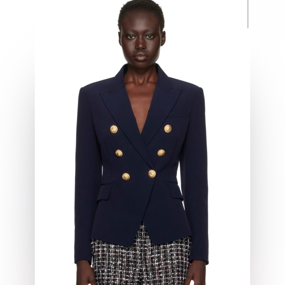 Authentic Balmain Navy Double Breasted Blazer with Gold Buttons- Size 44
